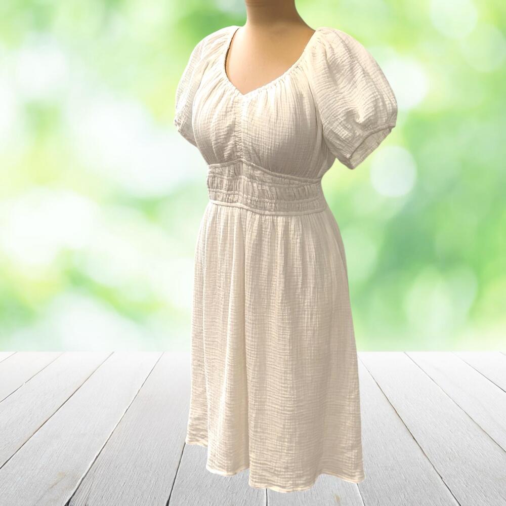 ROOLEE Milkmaid Dress Puff Sleeve White Cotton Gauze Pockets Lined Summer Sz M